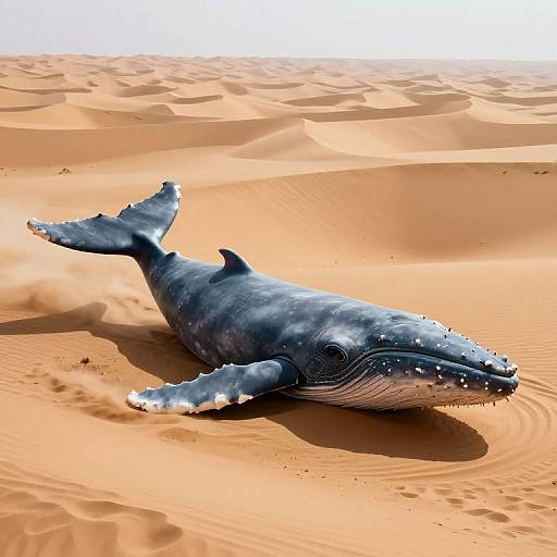 Photograph of a dead, large blue whale with white speckles lying on golden sand dunes under bright sunlight. Whale's textured skin and detailed