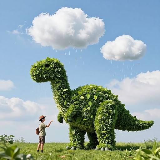 Photograph of a child in a hat and shorts, standing beside a dinosaur-shaped bush, with blue sky and fluffy clouds.