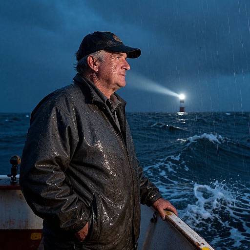 Photograph of an older man in a wet, dark jacket and cap, standing on a boat in rain, gazing at a distant lighthouse beam