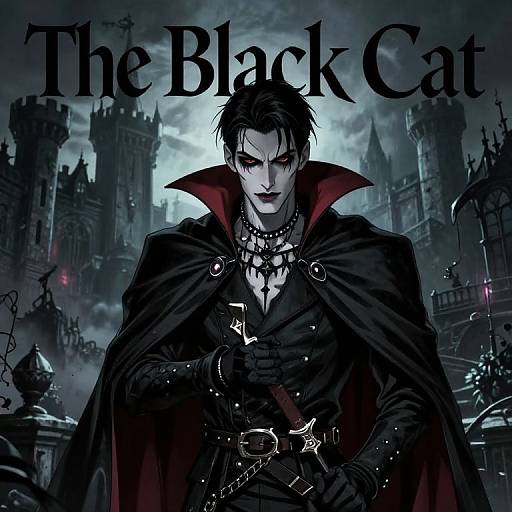 Digital art of a dark, handsome vampire with pale skin, black cloak, red lining, and cross necklace, standing in a gothic castle town at