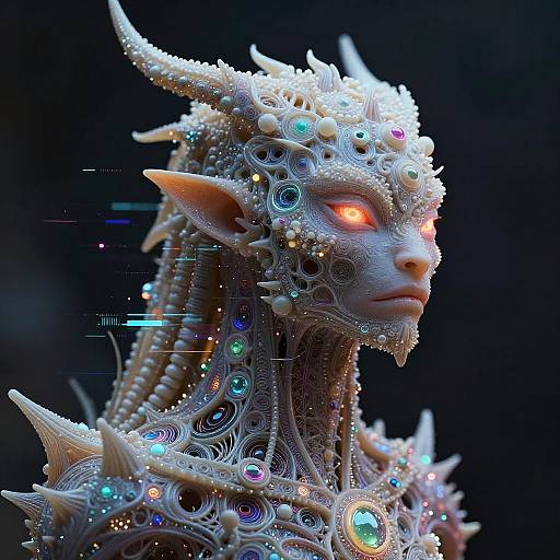 Digital artwork of a futuristic, horned, elf-like creature with glowing red eyes, intricate mechanical jewelry, and colorful bioluminescent orbs against a