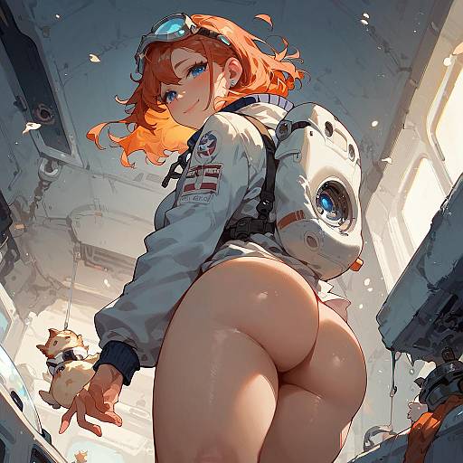 Digital anime-style illustration of a red-haired woman in a white flight suit, goggles, and backpack, showing her bare buttocks, holding a small dog