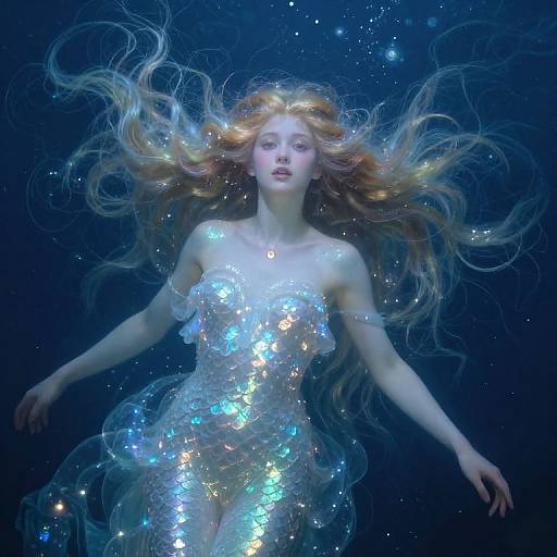 Photograph of a pale-skinned, red-haired woman with flowing hair, wearing a shimmering, strapless, sequin dress, floating underwater in