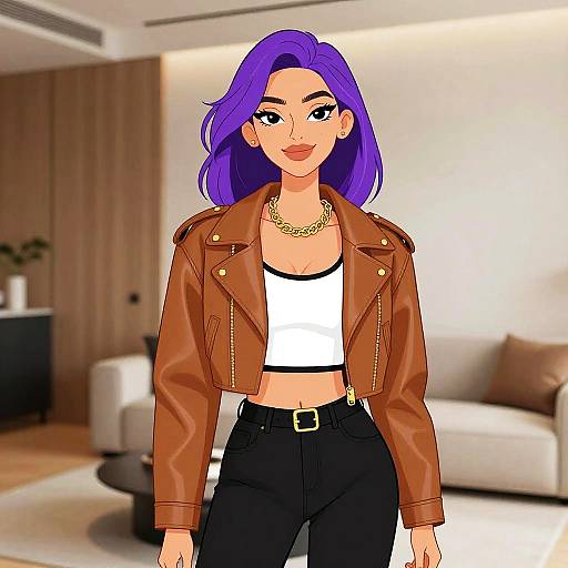 Digital illustration of a confident woman with vibrant purple hair, wearing a brown leather jacket, white crop top, and black pants, standing in a modern,