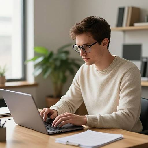 Photograph of a young man with short brown hair, glasses, and a cream sweater, typing on a laptop in a bright office.