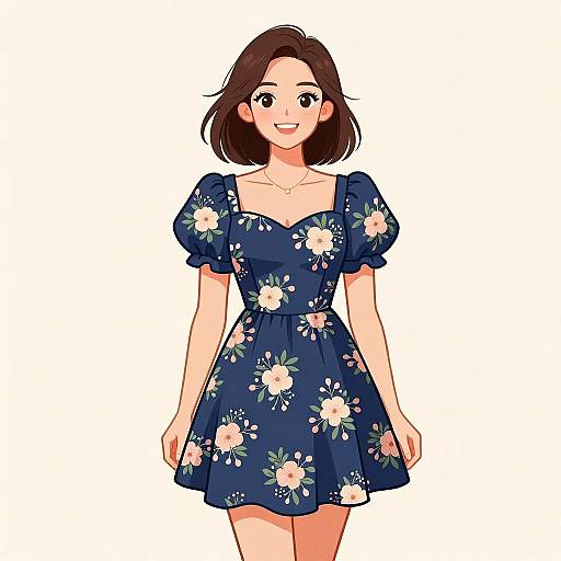 Anime-style digital drawing of a smiling young woman with short brown hair, wearing a navy blue floral dress with puffed sleeves. White background.