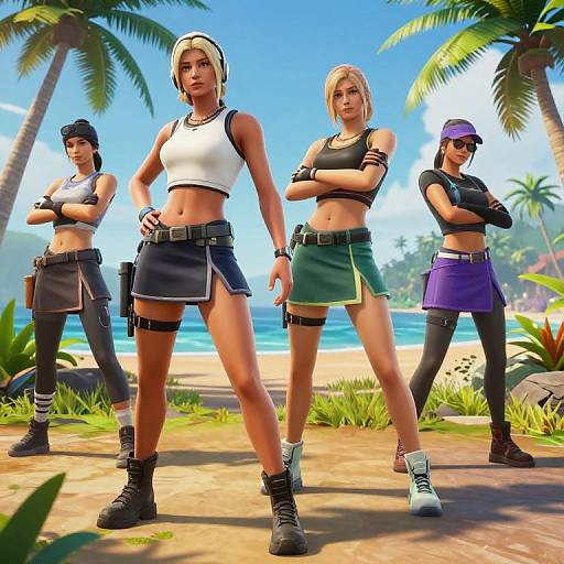 CGI image of four strong, fit women in tropical beach setting, wearing crop tops, mini skirts, and boots, standing confidently with arms crossed.