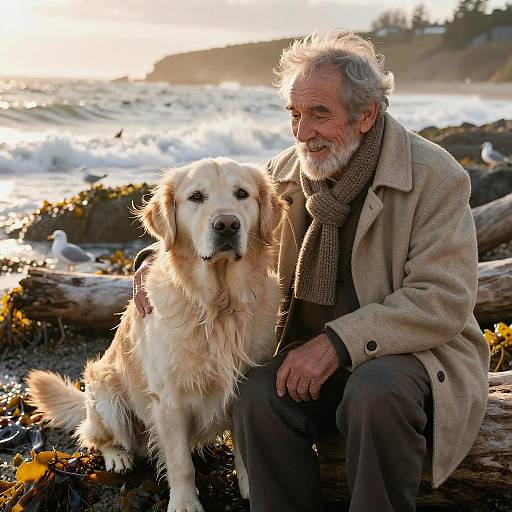 Elderly Man with Golden Retriever at Seaside Cove