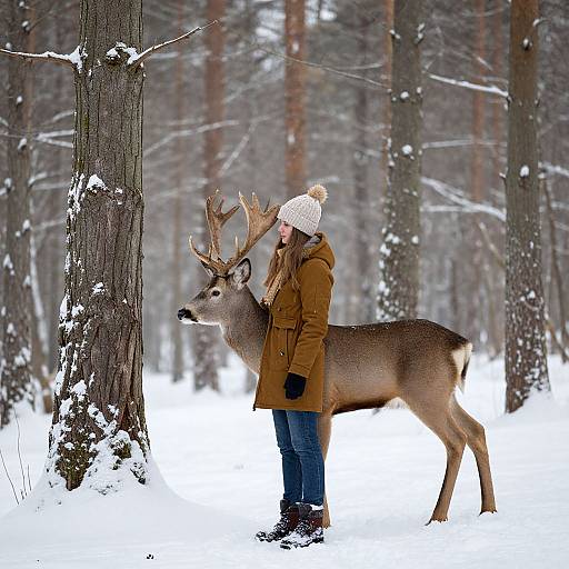 Photograph of a woman in a brown coat and white knit hat, standing in a snowy forest, gently touching a large deer with prominent antlers.