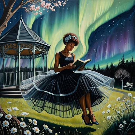 Surrealistic Portrait of Woman Reading Under Aurora Borealis
