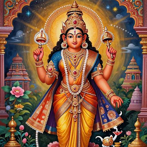 Vibrant digital artwork of a goddess with golden halo, wearing ornate blue and yellow saree, holding symbols, surrounded by temples and flowers.