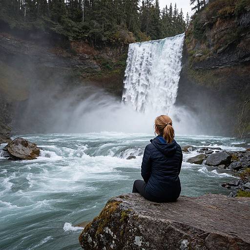 Woman on Boulder Overlooking Waterfall