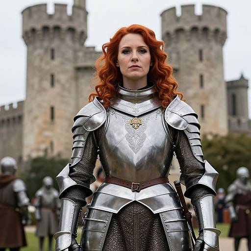 Photograph of a red-haired woman in medieval silver armor standing before a castle, with blurred armored figures in the background.