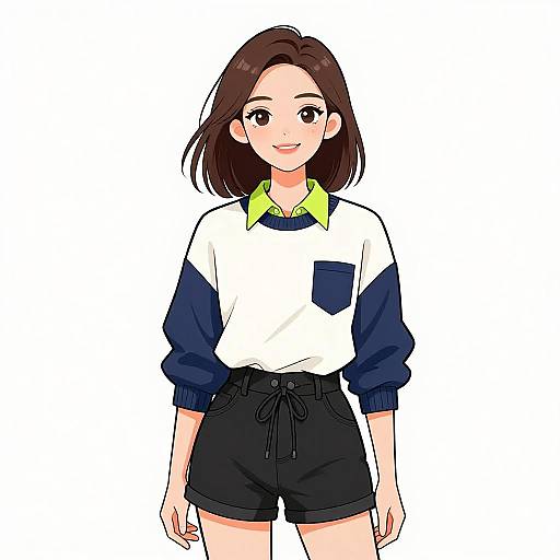 Anime-style digital drawing of a smiling young woman with brown hair, wearing a white and navy sweater with yellow collar, and black shorts, standing against a