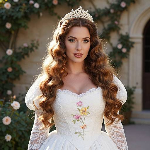Photograph of a beautiful woman with long, wavy brown hair, wearing a white lace wedding dress with floral embroidery, and a tiara, standing