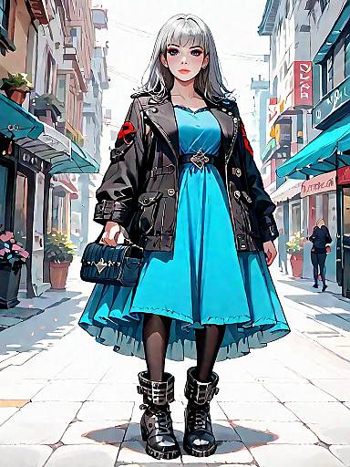 Edgy Street Style Woman in Blue Dress