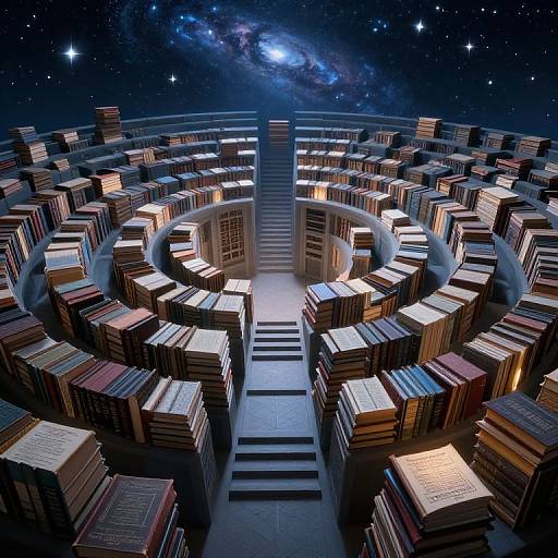 Photograph-like digital art of a futuristic library with illuminated bookshelves in circular rows, centered staircase, and a starry galaxy backdrop.