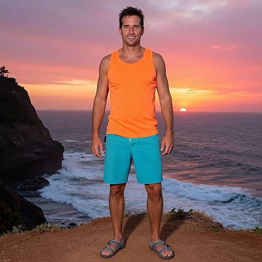 Photograph of a smiling man in an orange tank top and blue shorts, standing on a cliff at sunset with a vibrant pink and orange sky, ocean