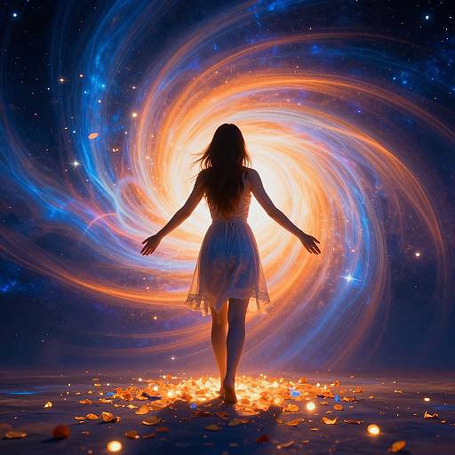 Silhouetted woman in a white dress stands in a swirling galaxy of vibrant oranges, blues, and purples, surrounded by glowing fireflies.