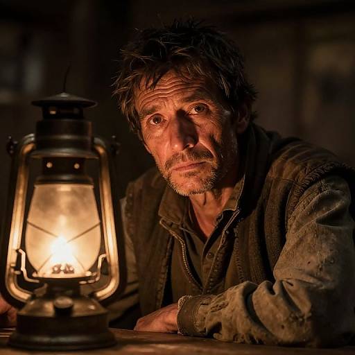 Photograph of a rugged, bearded man with intense eyes, illuminated by a glowing lantern in a dimly lit, rustic setting.