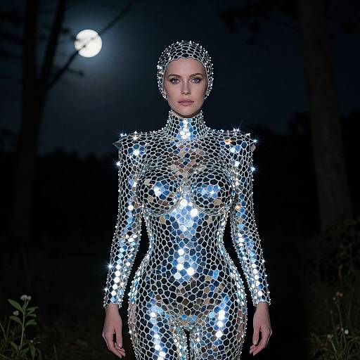Cinematic Woman in Reflective Mosaic Costume