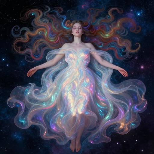 Digital art of a ethereal woman with flowing, multicolored hair floating in space, wearing a glowing, translucent, iridescent dress.
