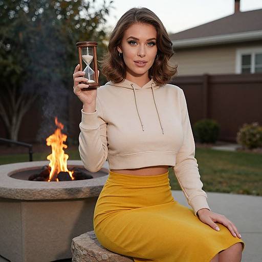 Photograph of a brunette woman with wavy hair, wearing a white crop hoodie and yellow skirt, holding a glass with a sand timer, sitting by