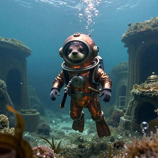 Photorealistic CGI of a cartoon bear in a shiny orange spacesuit, floating underwater, surrounded by ancient ruins and coral reefs.