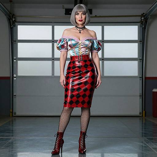 Photograph of a woman with a bob haircut, wearing an off-shoulder metallic top, red checkered leather skirt, fishnet stockings, and