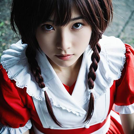 Photograph of an Asian woman with dark brown hair in twin braids, wearing a red dress with white lace apron, looking directly at the camera