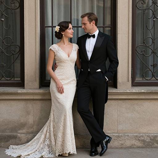 Photograph of a couple in wedding attire; she wears a lace white gown, he wears a black tuxedo, standing in front of a stone