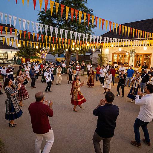 Photograph of a lively outdoor dance party at dusk, with colorful bunting, diverse dancers in traditional and casual attire, and warm, yellow-lit