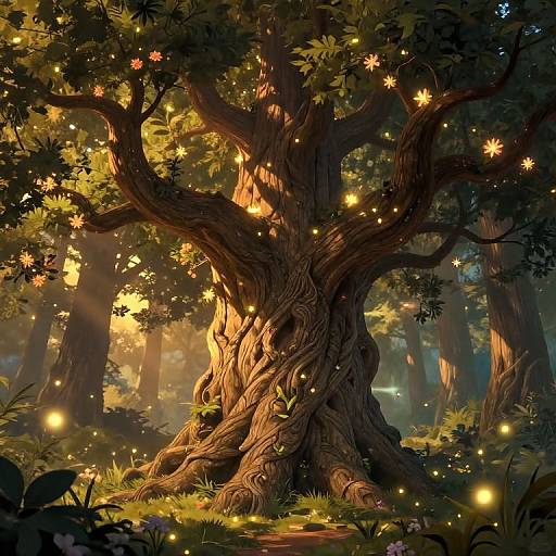 Enchanted forest scene with a massive, twisted tree glowing with fairy lights, surrounded by sunlight filtering through dense foliage. Digital art.