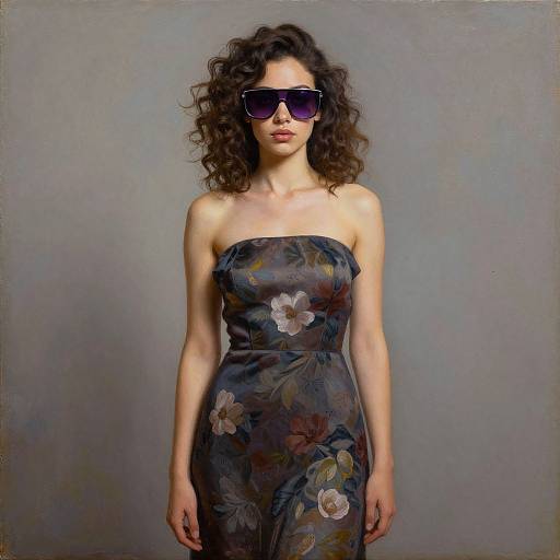 Photograph of a curly-haired woman with fair skin, wearing a strapless floral dress and large black sunglasses, standing against a gray background.