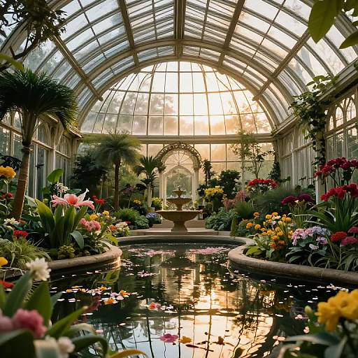 Photograph of a lush, sunlit greenhouse with a central fountain, surrounded by vibrant flowers, palm trees, and a reflective water pond.