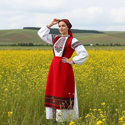 Photograph of a fair-skinned woman in a red and white traditional Bulgarian dress, standing in a vibrant yellow wildflower field, with rolling green hills