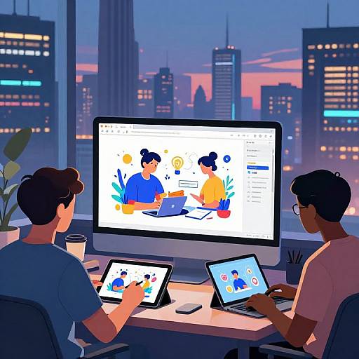 Digital illustration of two men in a modern office at night, working on laptops and a desktop, with a city skyline and sunset view in the background.