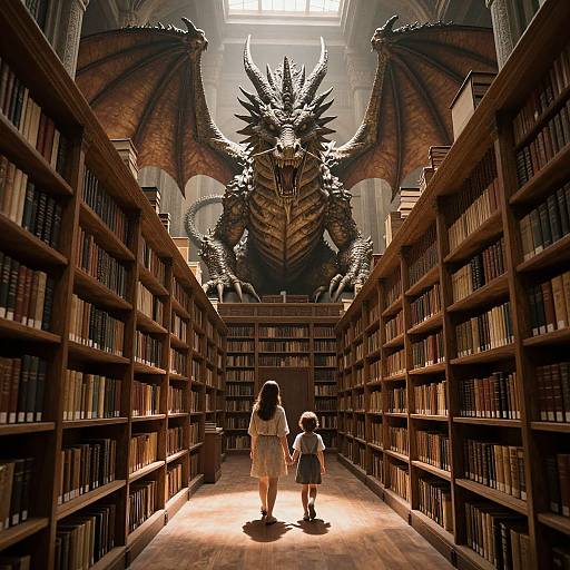 Photograph-like digital art: Woman and child in school uniforms face towering, menacing dragon with dark wings in dimly lit library.