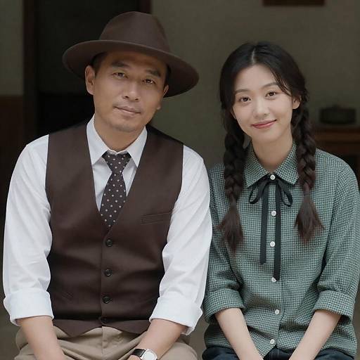 Asian Couple Sitting Together in Vintage Style