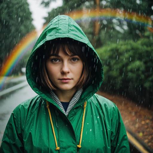 Woman in Green Raincoat with Rainbow in Background