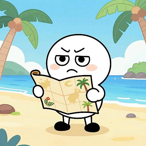 Cartoon white circle character with angry expression, holding a map with palm trees, standing on a sunny beach with palm trees and ocean. Digital art style
