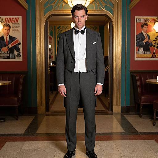 Photograph of a serious, handsome man in a black tuxedo with a white shirt and black bow tie, standing in an ornate, vintage