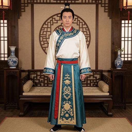 Photograph of an East Asian man in traditional Chinese imperial attire, standing in a wooden-paneled room with ornate decor.