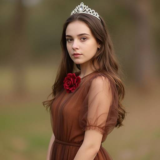 Photograph of a young woman with long brown hair, wearing a silver tiara, sheer brown dress, and red rose brooch, standing in a