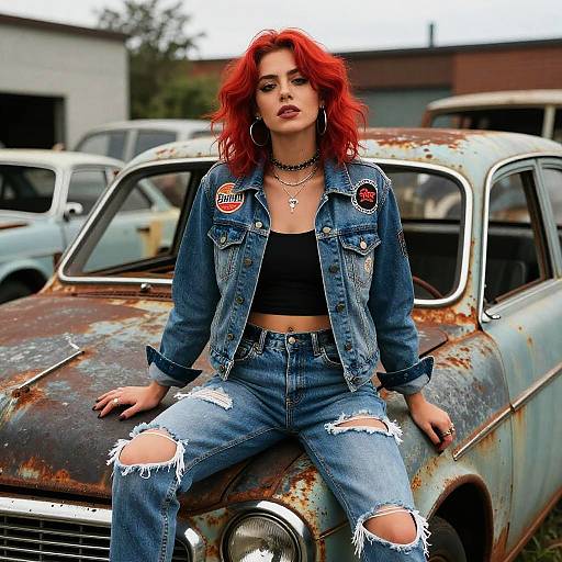 Photograph of a confident woman with vibrant red hair, wearing a denim jacket, black crop top, and ripped jeans, sitting on a rusted,