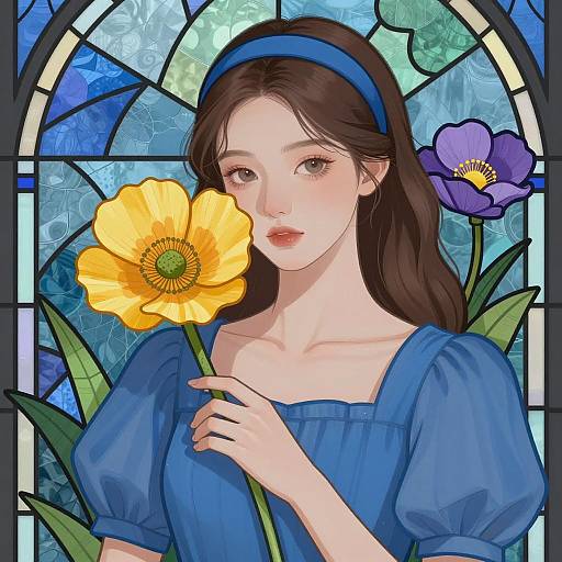 Elegant Woman with Flowers and Stained Glass