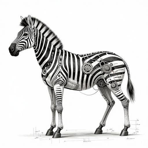 Digital illustration of a zebra with mechanical parts integrated into its black-and-white striped body, standing on a white background.