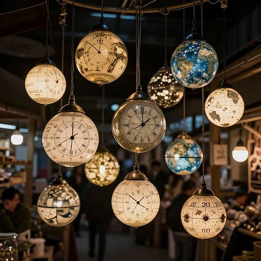 Photograph of vintage clock globes with illuminated faces, hanging in a dimly lit, bustling indoor market, reflecting surrounding lights.