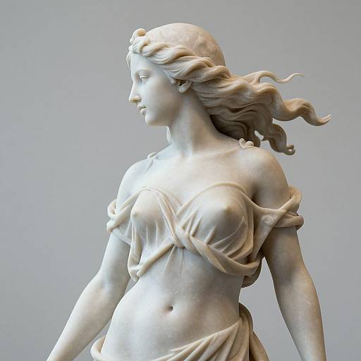 Photograph of a classical marble statue of a serene, young woman with flowing hair, draped in a softly textured, off-shoulder garment.