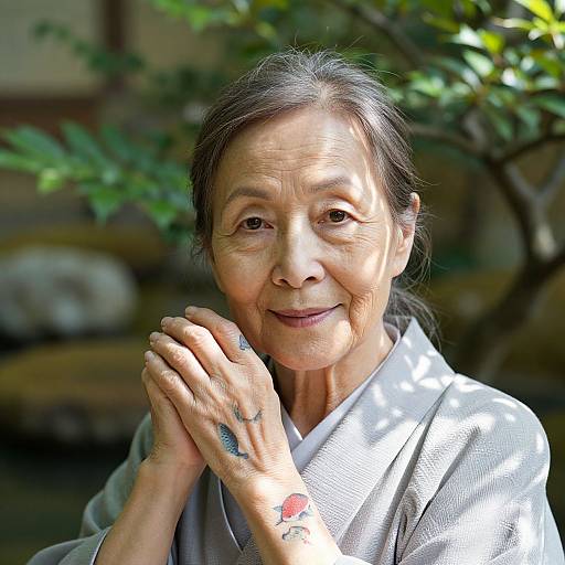 Photograph of an elderly Asian woman with dark hair, smiling gently, hands clasped, wearing a gray kimono, sunlight filtering through leaves.